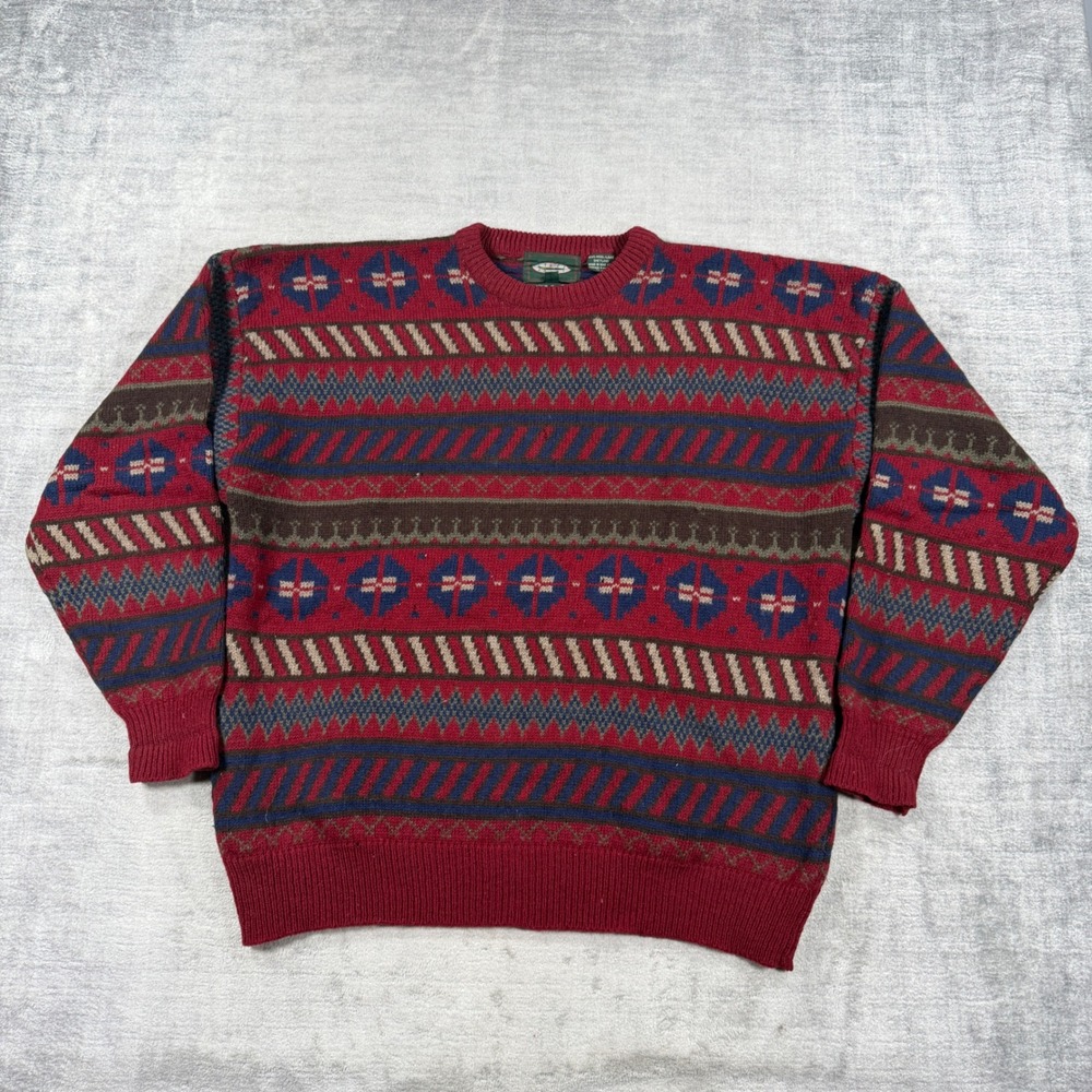 Vintage Steel Sport Sweater Mens XL Red Fair Isle Shetland Wool Knit Geometric